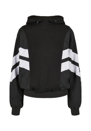 Czarna bluza z kapturem o luźnym kroju, z białymi paskami na rękawach, elastycznymi mankietami, kapturem ze sznurkiem i miękką fakturą materiału.