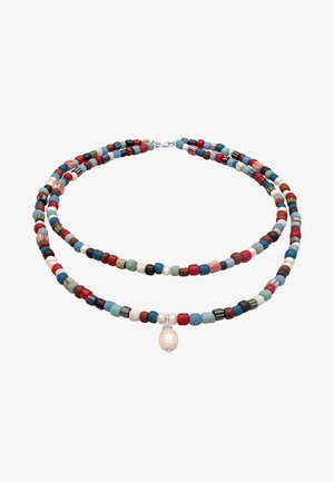 Beaded necklace with multicolored round beads in red, blue, green, and cream; features a single pearl drop pendant.