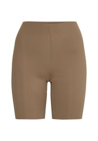 Pantaloni Bermuda di colore marrone uniforme, realizzati in un tessuto liscio e elasticizzato. Vita media con un design semplice e senza abbellimenti visibili.