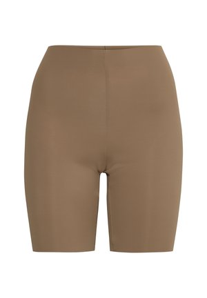 Pantaloni Bermuda di colore marrone uniforme, realizzati in un tessuto liscio e elasticizzato. Vita media con un design semplice e senza abbellimenti visibili.