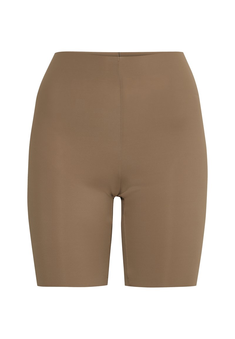 Pantaloni Bermuda di colore marrone uniforme, realizzati in un tessuto liscio e elasticizzato. Vita media con un design semplice e senza abbellimenti visibili.