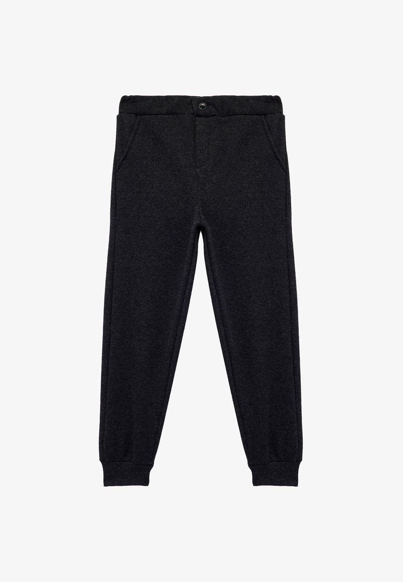 Pantaloni jogger grigio scuro realizzati in tessuto morbido. Presentano un elastico in vita, due tasche laterali e polsini a costine alle caviglie.