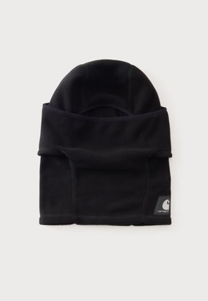 Cagoule en polaire noire avec écusson du logo Carhartt en bas à droite, conçue pour couvrir la tête et le cou pour la protection contre le froid.