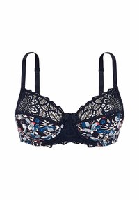 Marine bloemen kant beha met ingewikkelde details, verstelbare schouderbanden en een decoratieve strik in het midden. Heeft een zachte, gestructureerde uitstraling.