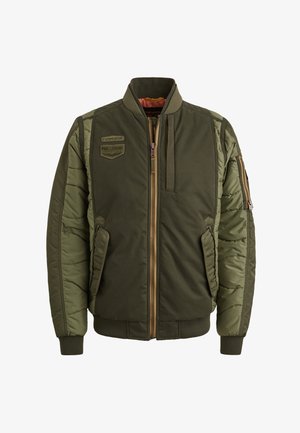 Oliegroene bomberjack met een ritssluiting aan de voorkant, zijzakken en gevoerde mouwen. Voorzien van logopatches en geribbelde manchetten en onderrand.