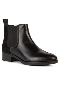 Bottine Chelsea noire en cuir avec panneau élastique sur le côté, talon bas et languette à l'arrière.