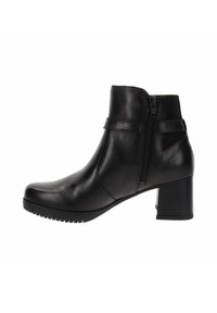 Stivale alla caviglia in pelle nera con punta arrotondata, zip laterale e tacco a blocco. Presenta una texture liscia e un sottile dettaglio a fascia.