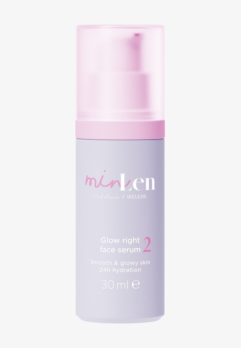Flacon de sérum visage Glow Right dans un emballage lavande et rose, 30 ml, promet une peau lisse et éclatante avec une hydratation de 24 heures.