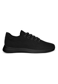Black athletic shoes made of breathable mesh fabric, featuring a textured heel, lace-up design, and a lightweight rubber sole.