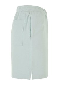 Light green shorts made of soft cotton, featuring an elastic waistband, side slit pockets, and a straight cut with a relaxed fit.