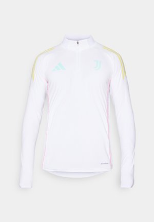 Weißes, langärmliges Sportoberteil mit halbem Reißverschluss, gelben Schulterschrägen, mintgrünen Akzenten und rosa Seitennähten. Mit Aeroready Branding.