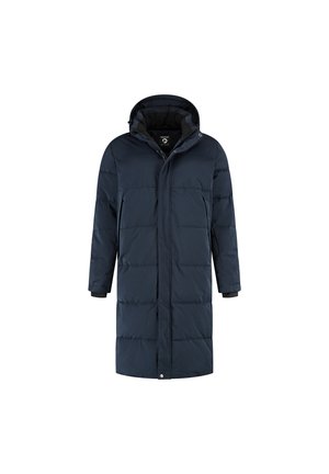 Donkerblauwe lange gewatteerde winterjas met capuchon, handige rits aan de voorkant en drukknoopsluiting, met zijzakken en omgeslagen mouwen.
