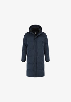 Donkerblauwe lange gewatteerde winterjas met capuchon, handige rits aan de voorkant en drukknoopsluiting, met zijzakken en omgeslagen mouwen.