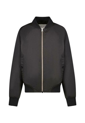 Zwarte bomberjack gemaakt van gladde stof. Voorzien van een ritssluiting aan de voorkant, geribde manchetten en zoom, met zijzakken en contrasterende stiknaden.