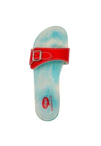 Red leather slide sandal with a buckle strap, featuring a light blue wooden footbed, and a red logo on the sole.