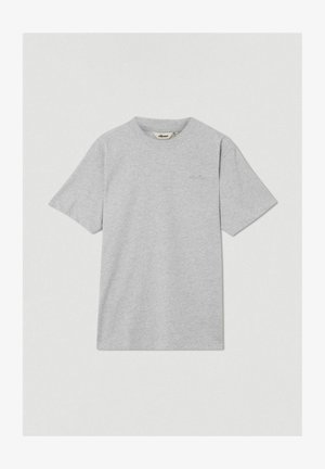 Graues Baumwoll-T-Shirt mit kurzen Ärmeln, Rundhalsausschnitt und einem dezent auf der Vorderseite aufgedruckten kleinen Logo. Weiche Textur, lässige Passform.