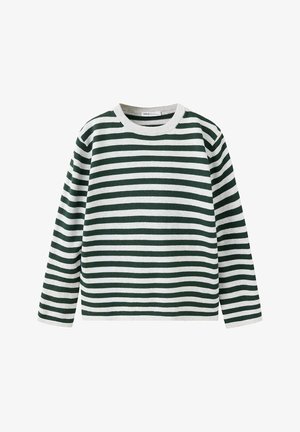 Chemise à manches longues avec des rayures horizontales vert foncé et blanc et un col rond.