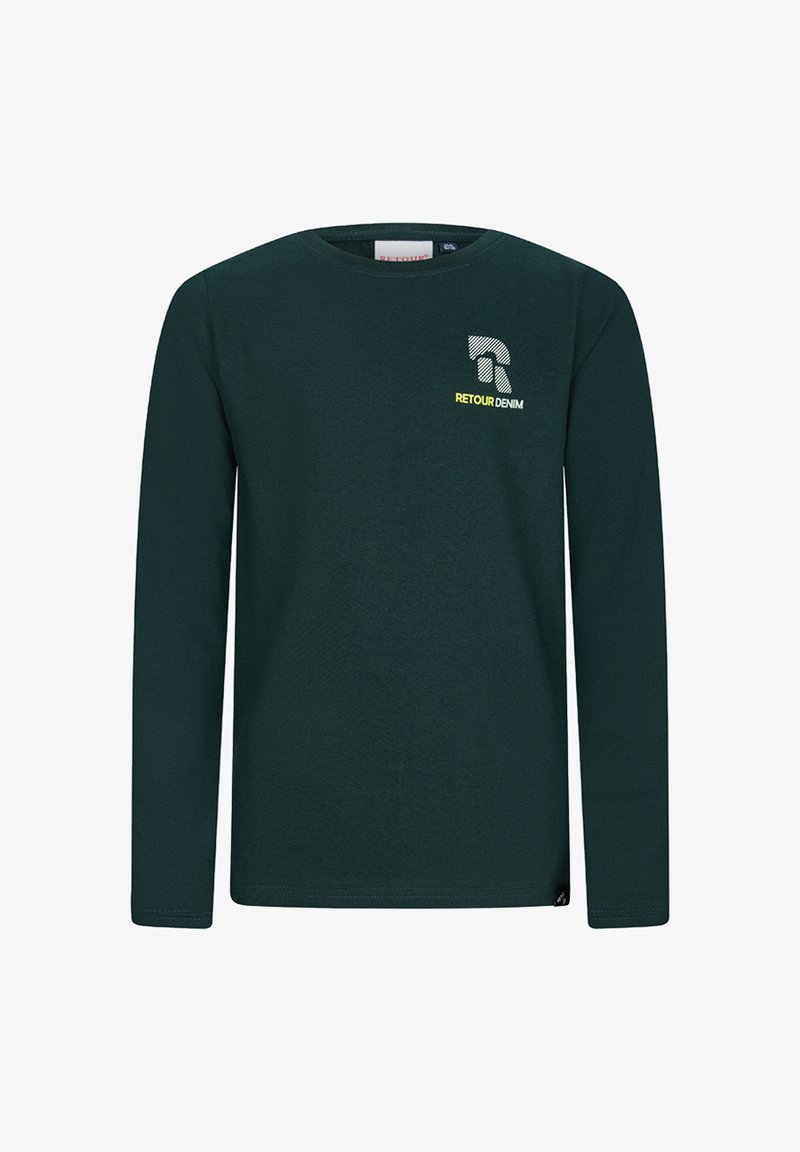 Dunkelgrünes Langarmshirt mit Rundhalsausschnitt und kleinem weißen und gelben "RETOUR DENIM" Logo auf der linken Brust.