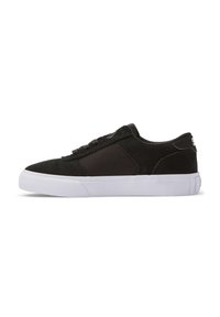 Sneakers casual negre cu un superior din suede și o talpă albă din cauciuc neted. Prezintă șireturi și un guler căptușit pentru confort.