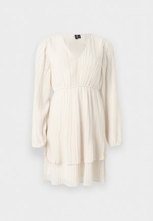 Long-sleeve white pleated dress with V-neck, gathered waist, and layered skirt on plain background.