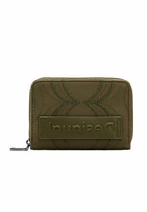 Olive green wallet made of quilted material, featuring raised text and subtle stitching patterns. Zipper closure with a small metal pull tab.