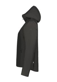 Giacca nera con cappuccio, tasche laterali con cerniera, maniche lunghe e un taglio leggermente aderente, mostrata di lato su uno sfondo bianco.