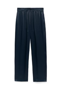 Lösa havsblå satinpants med elastisk midja och dragsko, raka ben och sidfickor, visas på vit bakgrund.