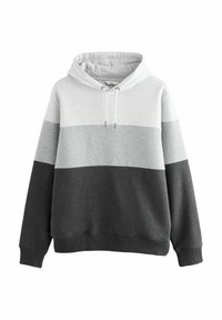 Sudadera gris y gris oscuro con capucha ajustable, que presenta un diseño de bloques de color horizontales y puños y dobladillo de canalé. Textura de tela suave.