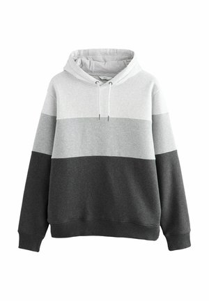 Gray and dark gray hoodie with a drawstring hood, featuring horizontal color blocking and ribbed cuffs and hem. Soft fabric texture.