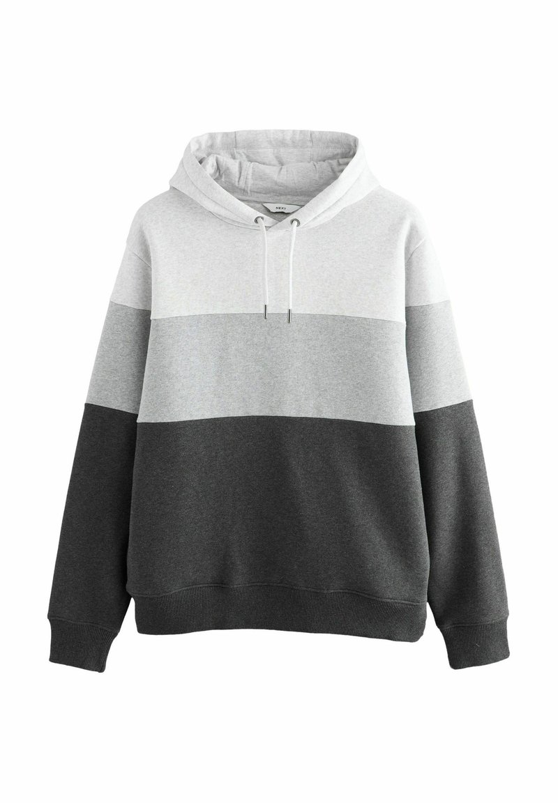 Grijze en donkergrijze hoodie met een trekkoordkap, met horizontale kleurblokken en ribbels aan de mouwen en onderkant. Zachte stof textuur.