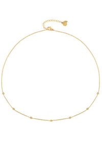 Collar de cadena dorado con acentos geométricos en forma de diamante, eslabones finos y un cierre ajustable con un pequeño charm en forma de corazón.