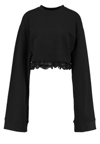 Sweatshirt nero corto con maniche lunghe, scollatura rotonda e bordo in pizzo all'orlo. Realizzato in tessuto morbido con una texture liscia.