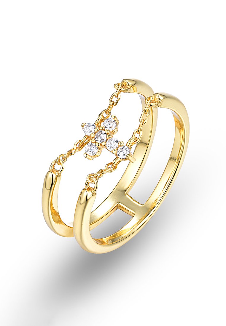 Gouden ring met een bloemmotief gevormd door heldere stenen, verbonden met delicate kettingen. De band heeft een open vorm met gepolijste oppervlakken.