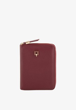Burgundy leather wallet with a textured surface, gold hardware, and a zip closure. Features a prominent logo accent on the front.