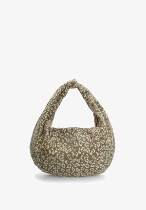 Bruine en roomkleurige tas met een uniek ontwerp, zachte textuur en een geknoopte handgreep om te dragen.