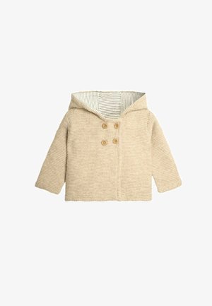 Beżowy dziergany kardigan z kapturem i zapięciem na guziki z przodu, z paskowanym podszewką i długimi rękawami. Miękka tekstura, casualowy design.