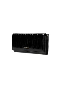 Portafoglio in pelle verniciata nera con design a diamante, caratterizzato da una texture liscia e un sottile dettaglio del logo dorato. Forma rettangolare con pattina pieghevole.