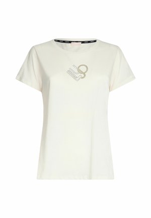 T-shirt a maniche corte in cotone crema con un sottile design grafico grigio sul petto, scollo rotondo e vestibilità rilassata.