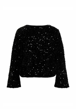 Top en sequins noirs avec manches longues, col rond, coupe ample et surface texturée grâce à des sequins brillants regroupés.