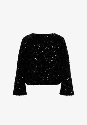 Top en sequins noirs avec manches longues, col rond, coupe ample et surface texturée grâce à des sequins brillants regroupés.