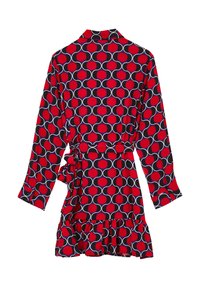 Abito rosso e blu a fantasia con design circolari, maniche lunghe, colletto e orlo arricciato. Presenta una cintura in vita per dare forma.