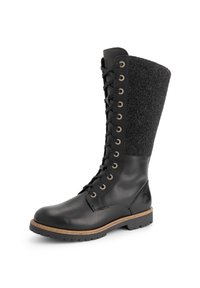 Zwarte leren en wollen kniehoge laars met veters aan de voorkant, metalen oogjes, tan welt en robuuste rubberen zool.
