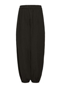 Pantalon noir ample avec taille élastique et poignets élastiques froncés aux chevilles, présenté sur un fond blanc.