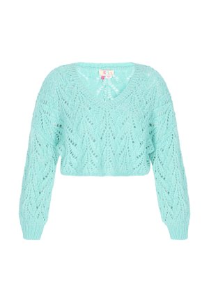 Sweter na szydełku w jasnym miętowym kolorze, z dekoltem w kształcie litery V, długimi rękawami oraz krótkim krojem z teksturowanym, koronkowym wzorem.