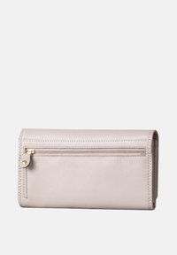 Light gray leather wallet with a front zip pocket. Features precise stitching and a smooth texture, designed in a rectangular shape.