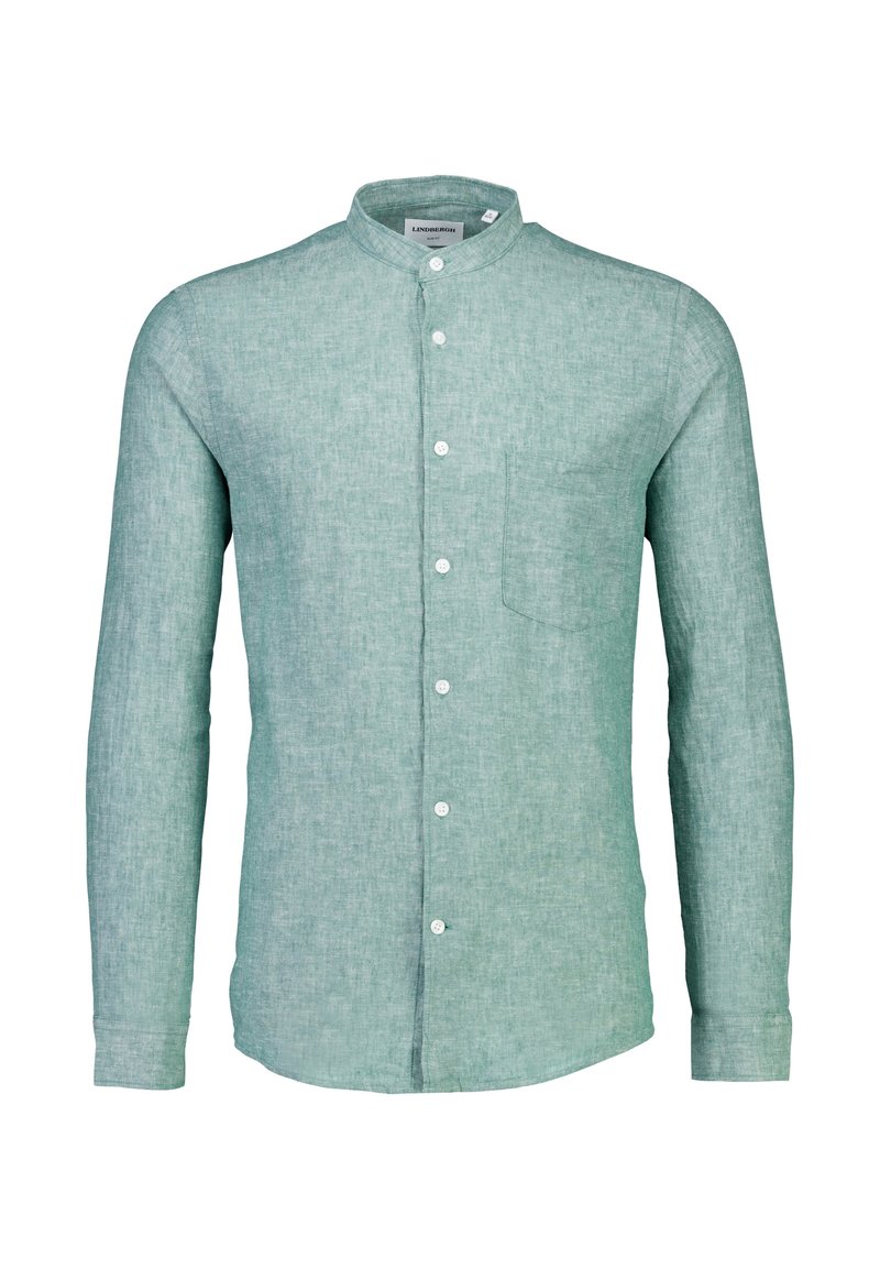 Lichtgroen, lange mouwen blouse met knoopsluiting en een bandkraag, een enkele borstzak en witte knopen. Materiaal heeft een gestructureerde afwerking.