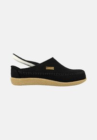 Black felt clogs with a curved silhouette, textured stitching, and a tan rubber sole. Features a white interior lining and subtle branding.