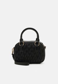 Black handbag with a quilted texture, rounded handles, and a detachable shoulder strap. Features gold-tone hardware and zip closure.