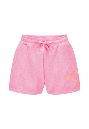 Rosa Frotteeshorts mit elastischem Bund und Kordelzug, mit gelbem Snoopy-Umriss am unteren rechten Bein.