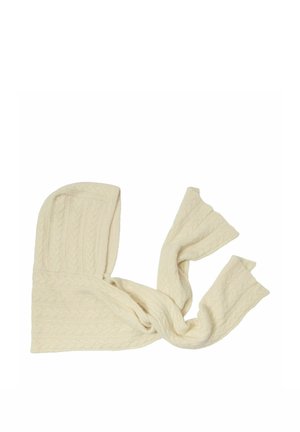Écharpe à capuche tricotée couleur crème avec motif torsadé, texture douce et extrémités longues pour enrouler autour du cou et de la tête.